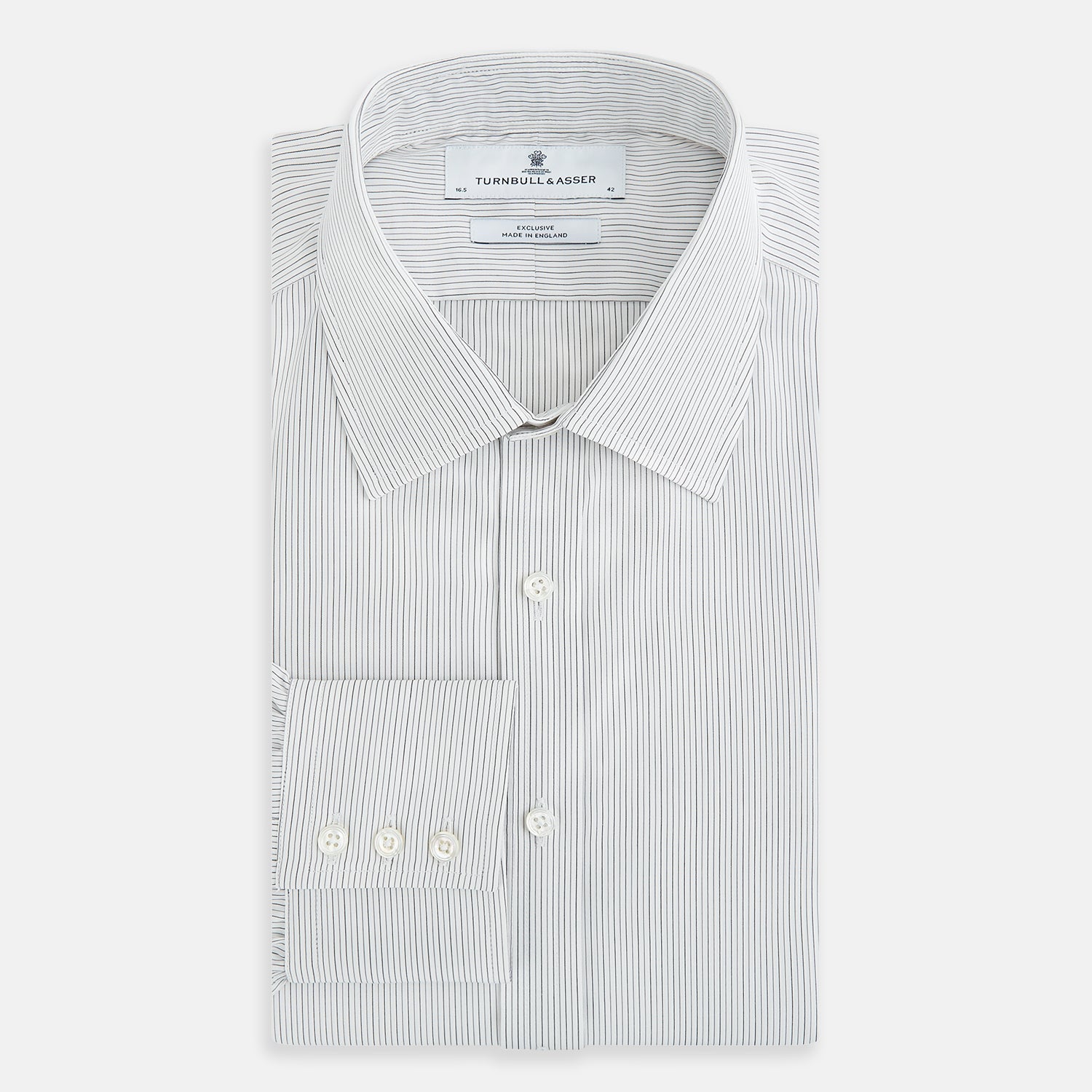 View 5 of product The Turnbull & Asser Midnight Blue and Grey Fine Stripe Mayfair Shirt features long sleeves, pure cotton fabric, a pointed collar, button-down front, and buttoned cuffs—ideal for formal wear.