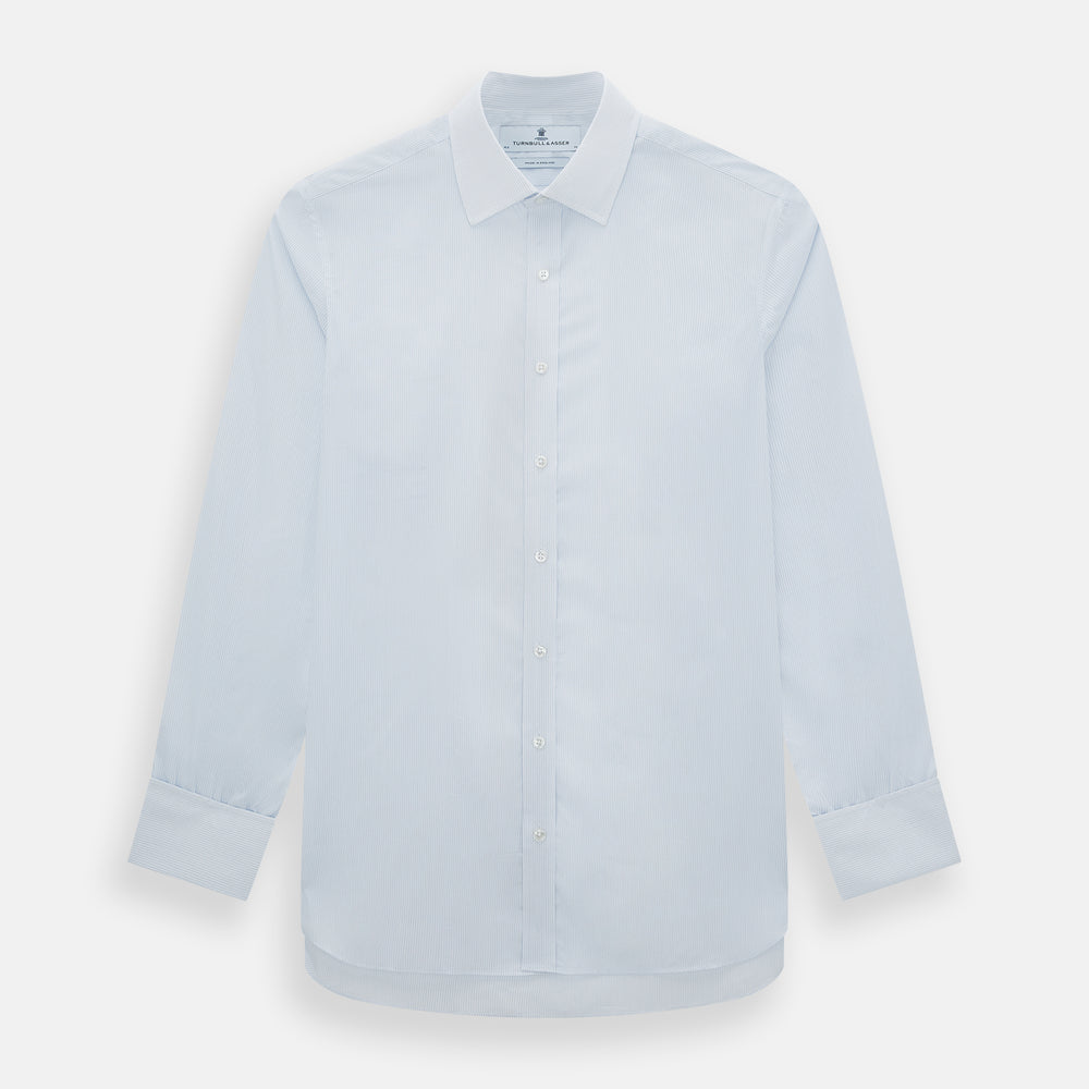 The Turnbull & Asser Blue and White Thin Stripe Shirt features a T&A collar and double cuffs, shown against a plain white background.