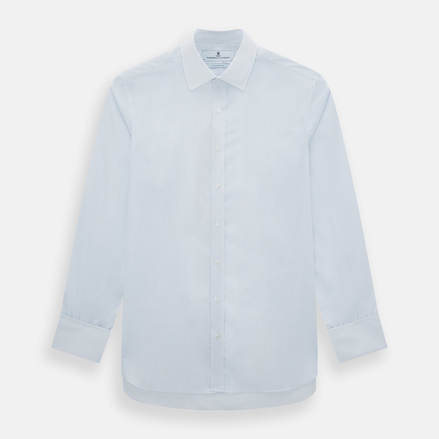View 1 of product The Turnbull & Asser Blue and White Thin Stripe Shirt features a T&A collar and double cuffs, shown against a plain white background.