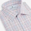 View 2 of product The Turnbull & Asser Pink Multi Double Grid Check Mayfair Shirt, made from organic cotton with a pointed collar and buttoned cuffs, features a light pink base with blue and red grid checks and is shown flat on a white background.
