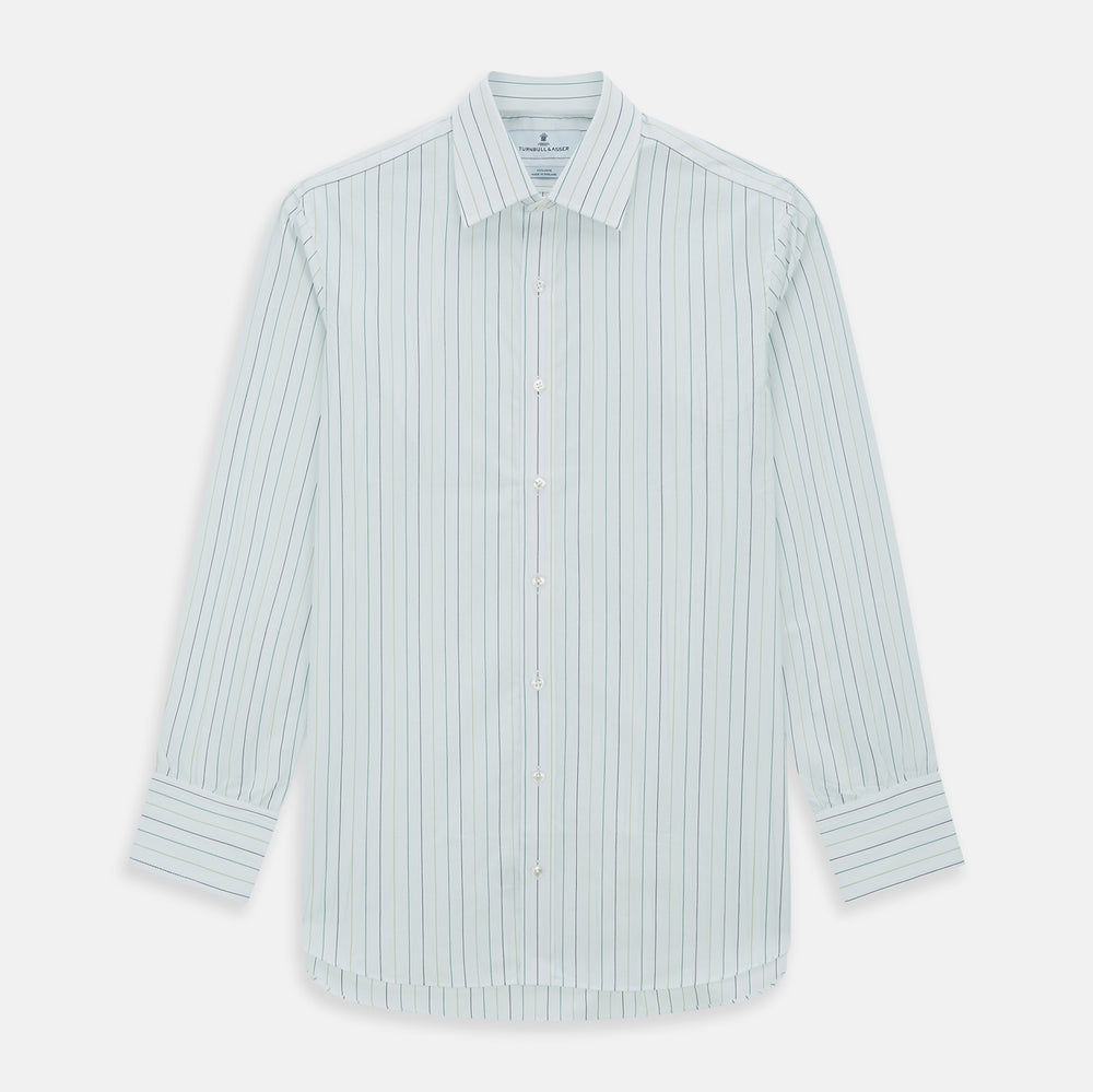 A Green Wide Pinstripe Mayfair Shirt by Turnbull & Asser, featuring long sleeves, a button-up front, and a T&A collar, is shown flat on a white background.