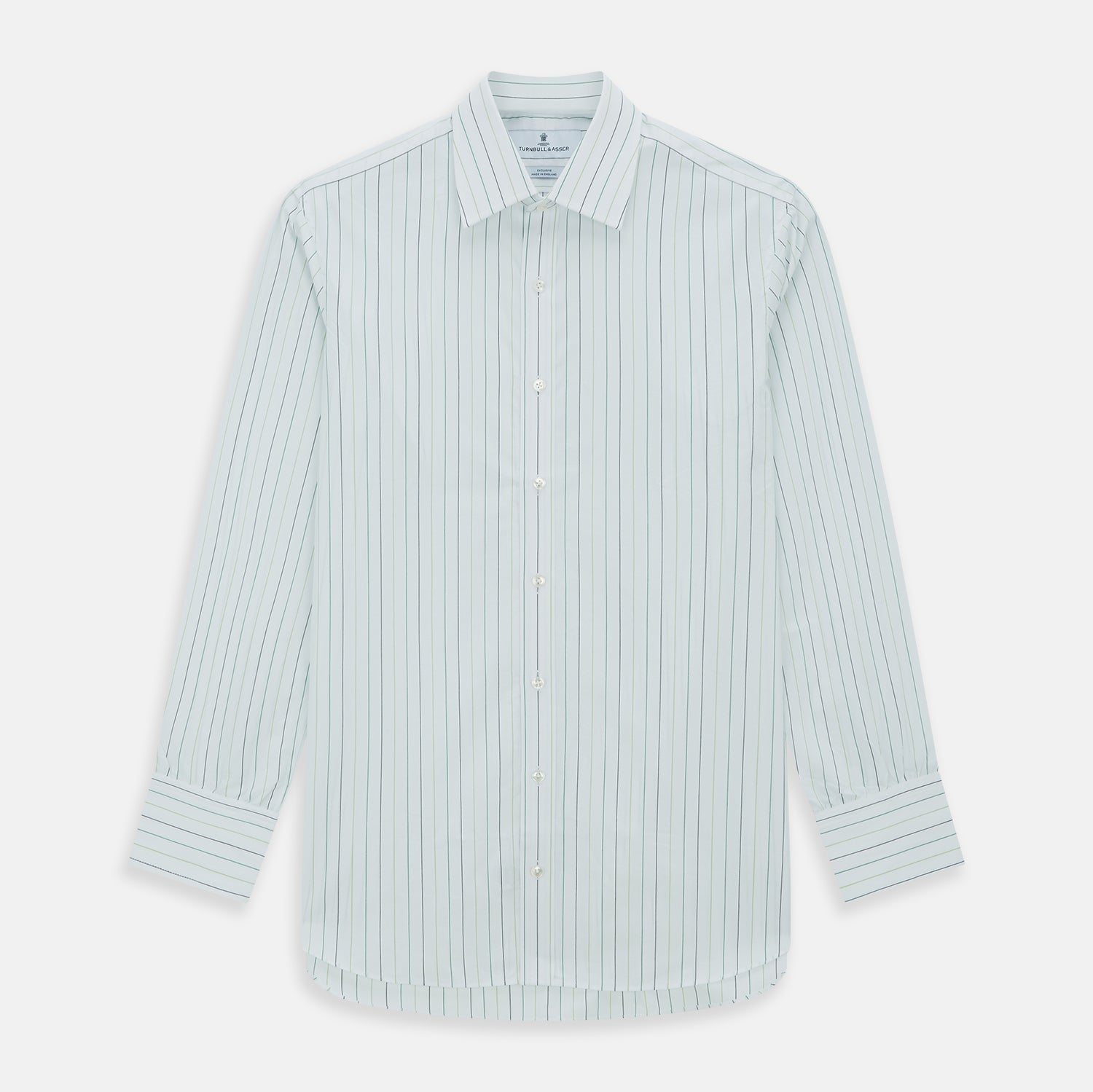 View 1 of product A Green Wide Pinstripe Mayfair Shirt by Turnbull & Asser, featuring long sleeves, a button-up front, and a T&A collar, is shown flat on a white background.