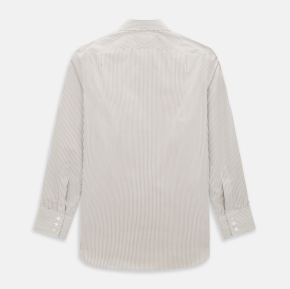The Coffee Shadow Stripe Mayfair Shirt by Turnbull & Asser is a long-sleeve, button-down style with a T&A collar and fine beige and white stripes, crafted from premium Italian cotton and shown on a white background.