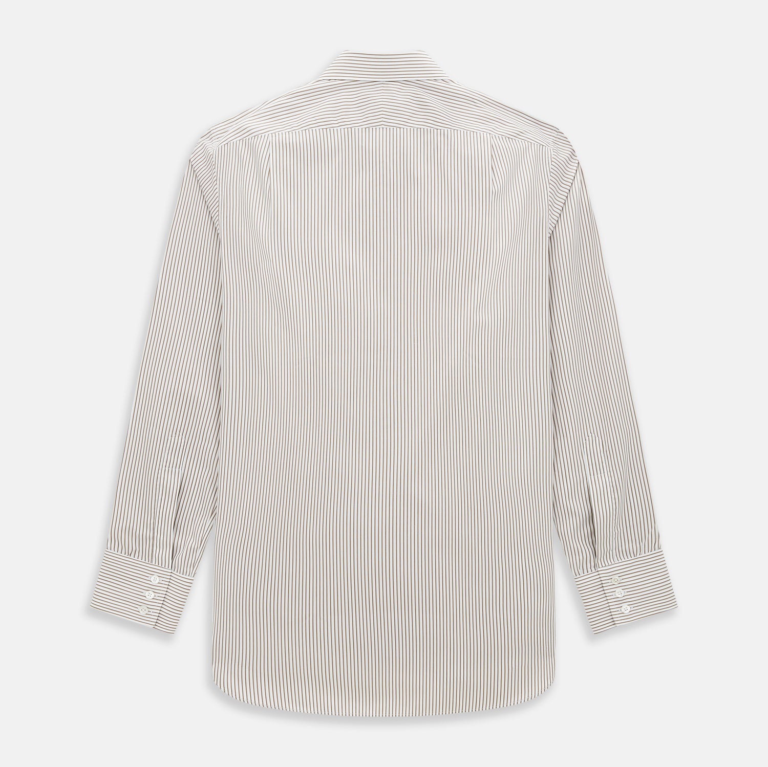 View 3 of product The Coffee Shadow Stripe Mayfair Shirt by Turnbull & Asser is a long-sleeve, button-down style with a T&A collar and fine beige and white stripes, crafted from premium Italian cotton and shown on a white background.
