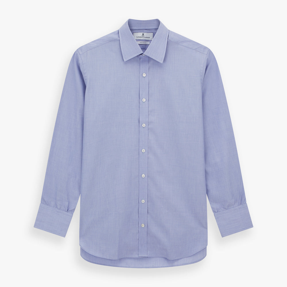 The Turnbull & Asser Blue End-on-End Cotton Shirt features a T&A collar and 3-button cuffs, perfect for pairing with a navy suit or smart ensemble, and is displayed flat against a white background.