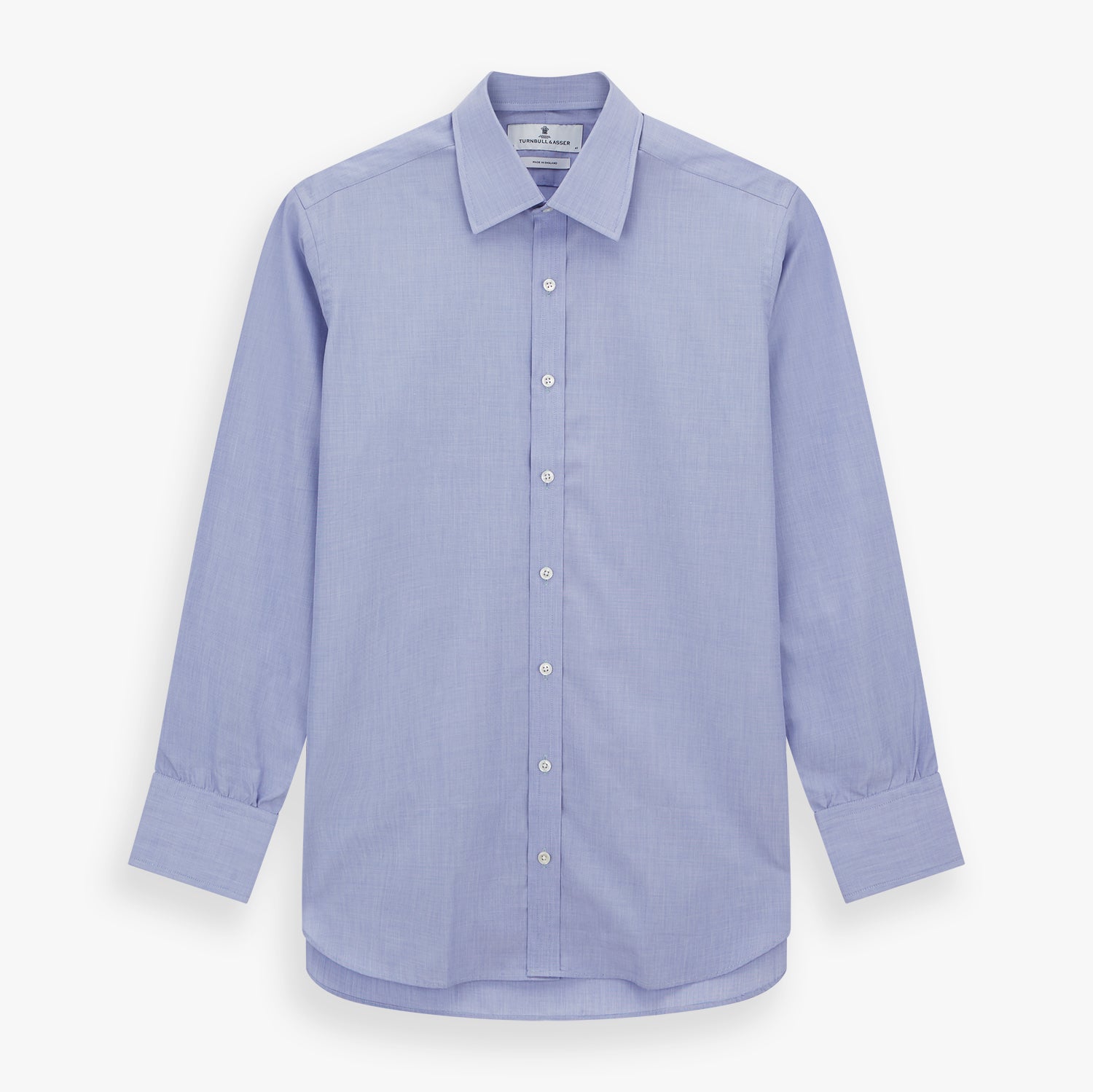 View 1 of product The Turnbull & Asser Blue End-on-End Cotton Shirt features a T&A collar and 3-button cuffs, perfect for pairing with a navy suit or smart ensemble, and is displayed flat against a white background.