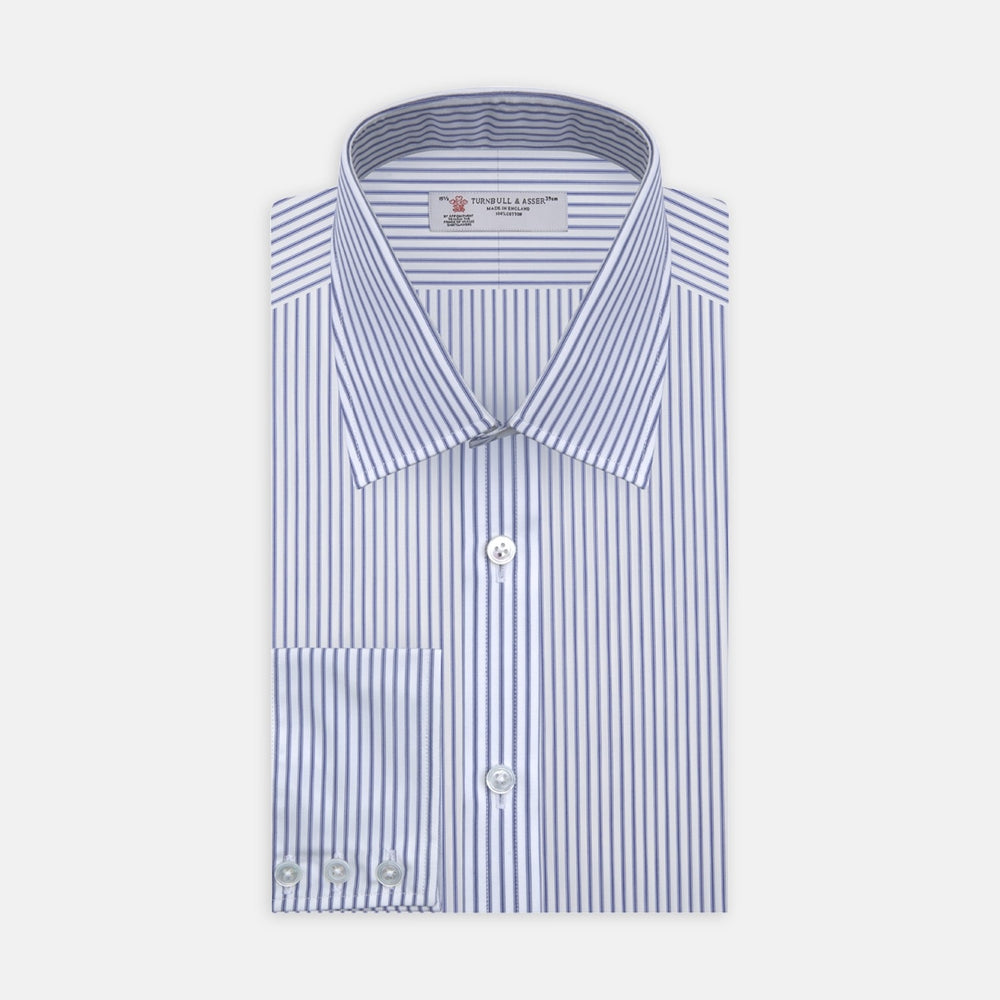 A close-up of the Navy Centre Stripe Cotton Fabric shirt by Turnbull & Asser.