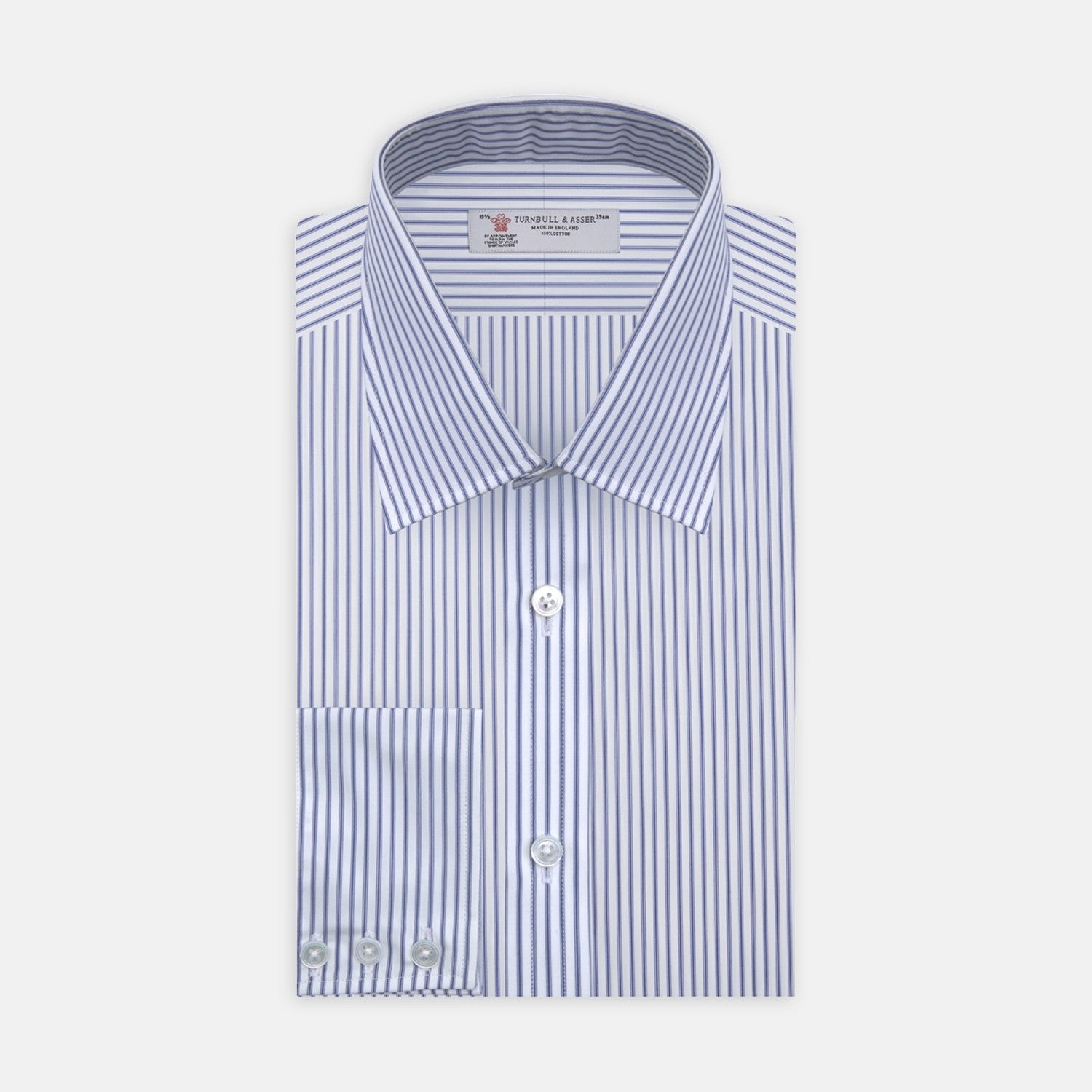 View 2 of product A close-up of the Navy Centre Stripe Cotton Fabric shirt by Turnbull & Asser.
