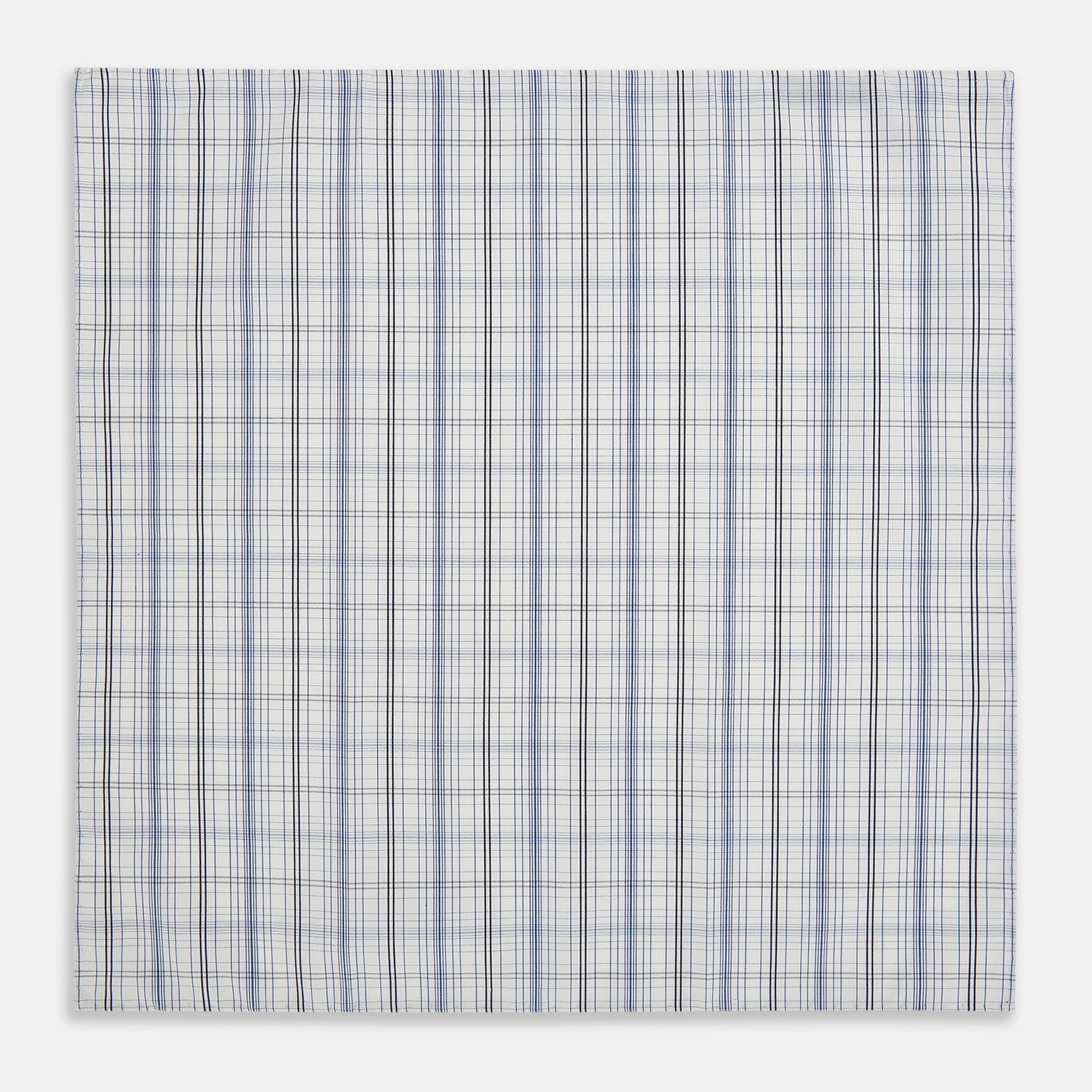 View 1 of product The Turnbull & Asser Blue and Navy Multi Check Hand-Rolled Handkerchief features a blue and white plaid design with thin, evenly spaced lines, shown flat against a white background.