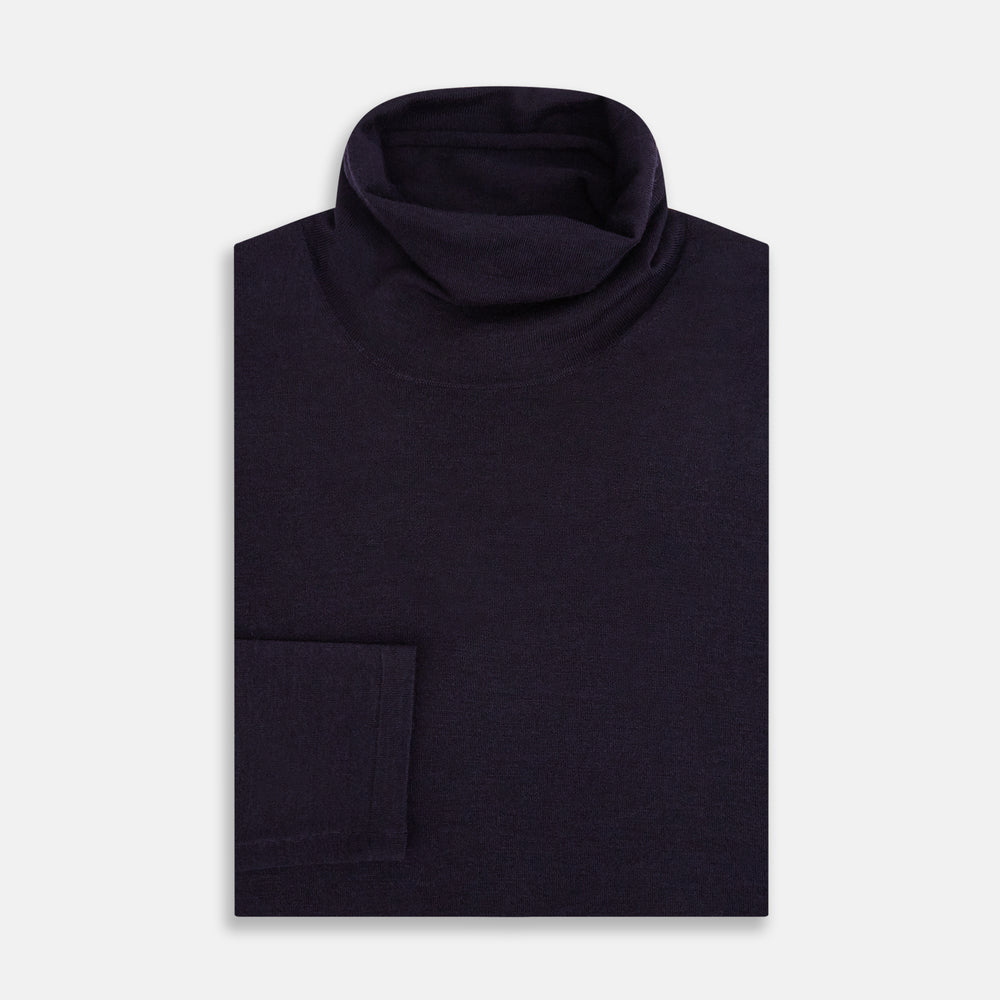 The Turnbull & Asser Dark Purple Fine Merino High Neck Jumper is shown against a white background. This classic sweater features a fitted collar and a simple, timeless design with no visible patterns or logos.