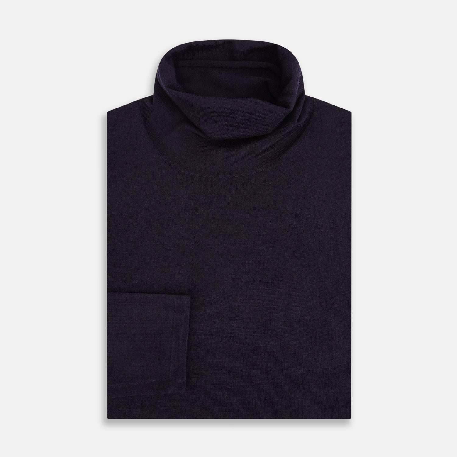 View 4 of product The Turnbull & Asser Dark Purple Fine Merino High Neck Jumper is shown against a white background. This classic sweater features a fitted collar and a simple, timeless design with no visible patterns or logos.
