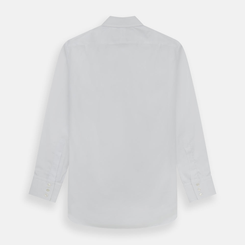 The Turnbull & Asser White Superfine Oxford Cotton Shirt features a T&A collar and 3-button cuffs—ideal for elegant evening attire, shown against a white background.