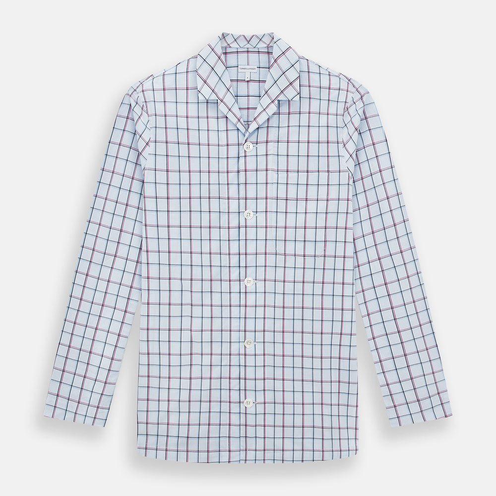 The Turnbull & Asser Burgundy and Blue Check Pyjama Shirt features a classic collar, button-up front, and grid check pattern—an elegant choice for nightwear or comfortable sleepwear.