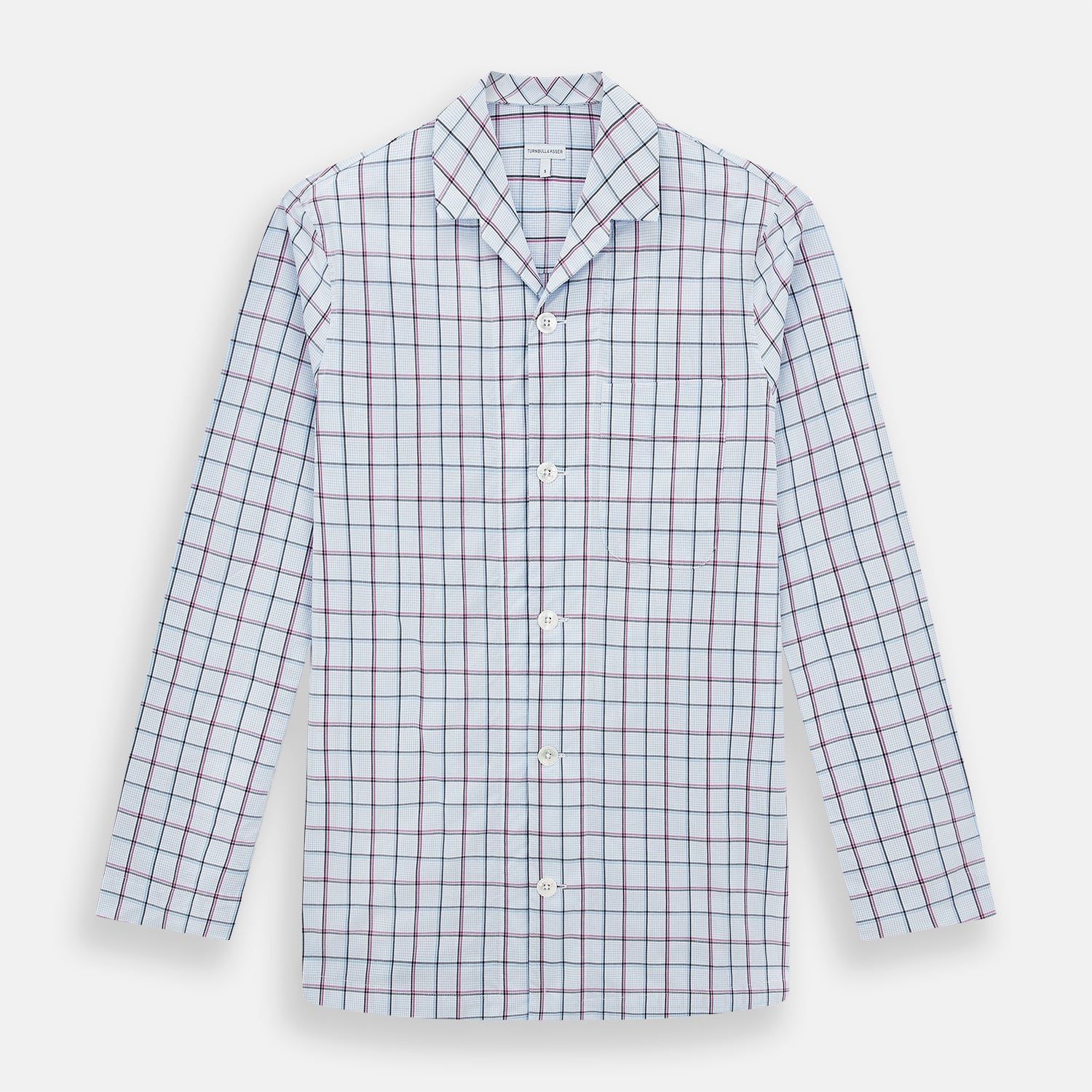 View 1 of product The Turnbull & Asser Burgundy and Blue Check Pyjama Shirt features a classic collar, button-up front, and grid check pattern—an elegant choice for nightwear or comfortable sleepwear.