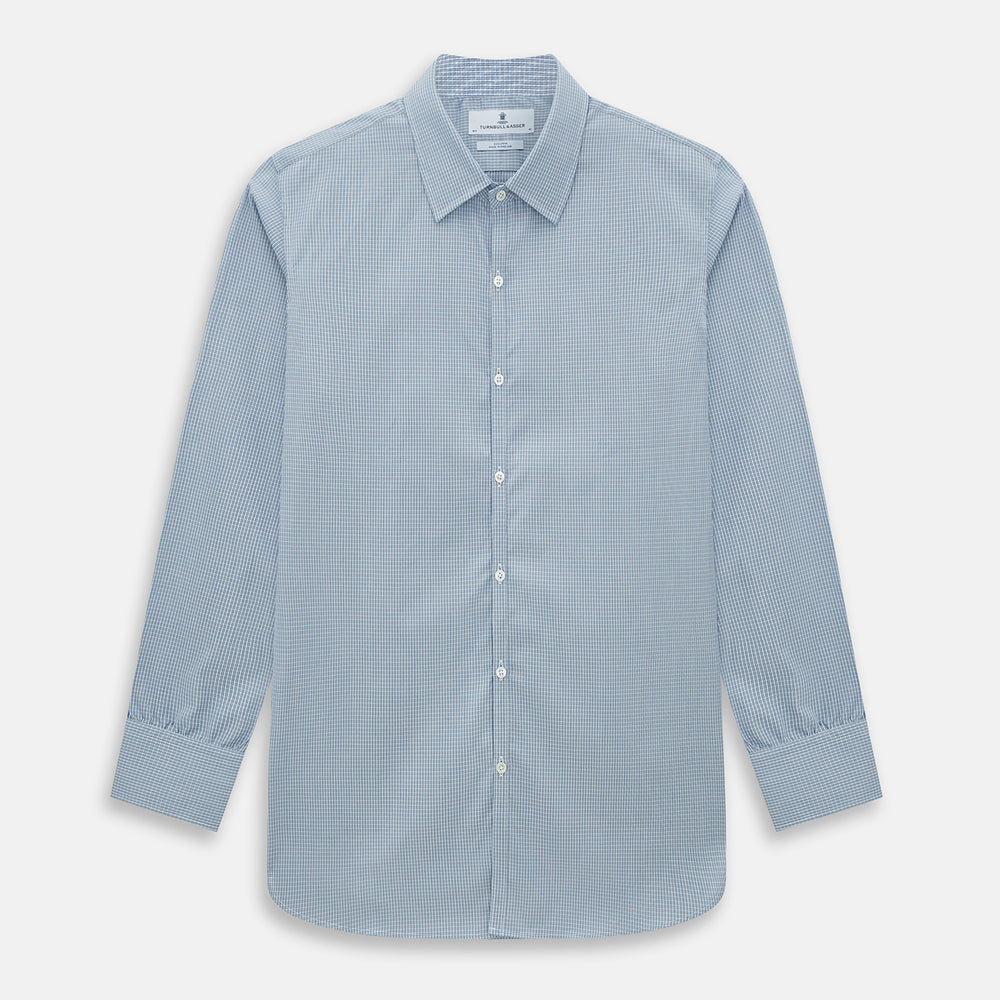 The Turnbull & Asser Blue and Brown Micro Shadow Check Westminster Shirt features a refined collar and white buttons, showcasing timeless British craftsmanship.