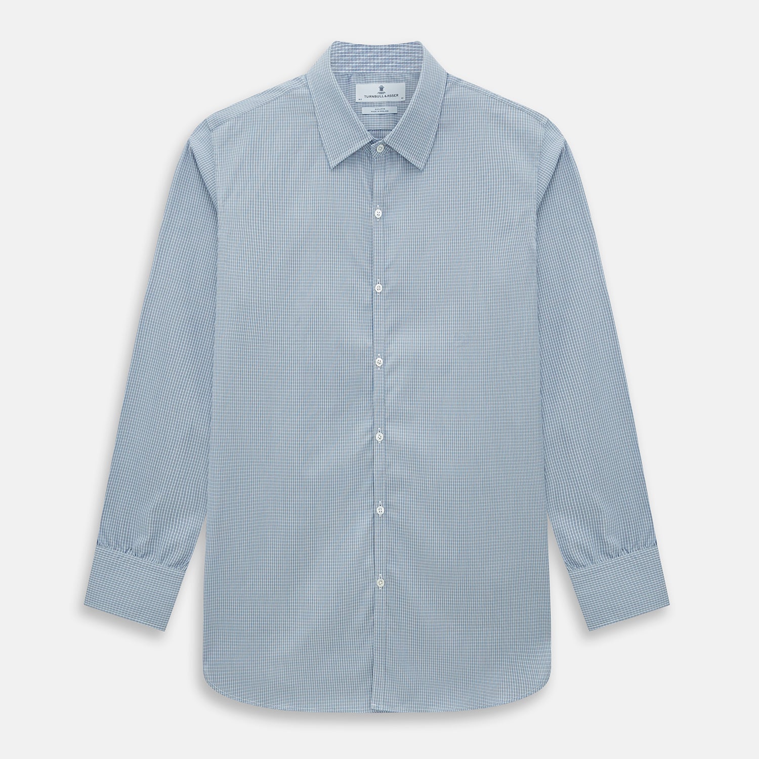 View 1 of product The Turnbull & Asser Blue and Brown Micro Shadow Check Westminster Shirt features a refined collar and white buttons, showcasing timeless British craftsmanship.