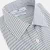 View 2 of product The Turnbull & Asser Grey Multi Stripe Mayfair Shirt features long sleeves, a classic collar, and thin vertical stripes in black and white, shown laid flat on a white background.
