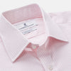 View 4 of product The Turnbull & Asser White and Pink Wide Stripe Mayfair Shirt features long sleeves, a collar, and bold vertical stripes, shown laid flat on a white background.