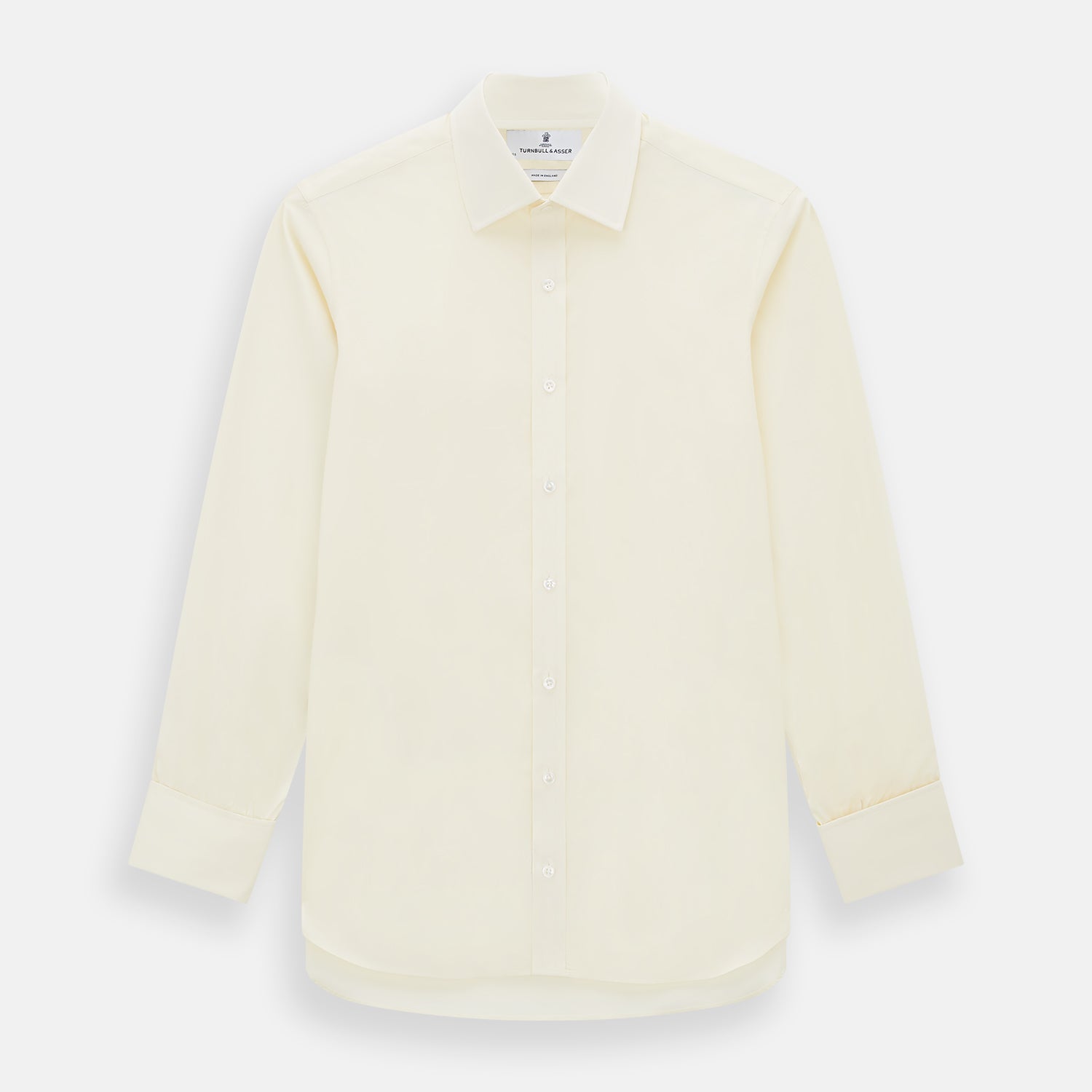 View 1 of product The Turnbull & Asser Cream Cotton Shirt features a T&A collar and double cuffs, elevating men's style. Displayed flat against a white background, this long-sleeve shirt is crafted in classic cream cotton.