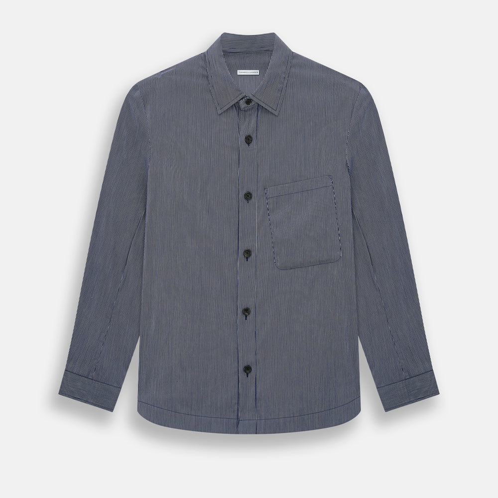 Turnbull & Asser’s Navy Stripe Highbury Overshirt with long sleeves, button-up front, black buttons, collar, and a left chest pocket is shown laid flat on a white background.