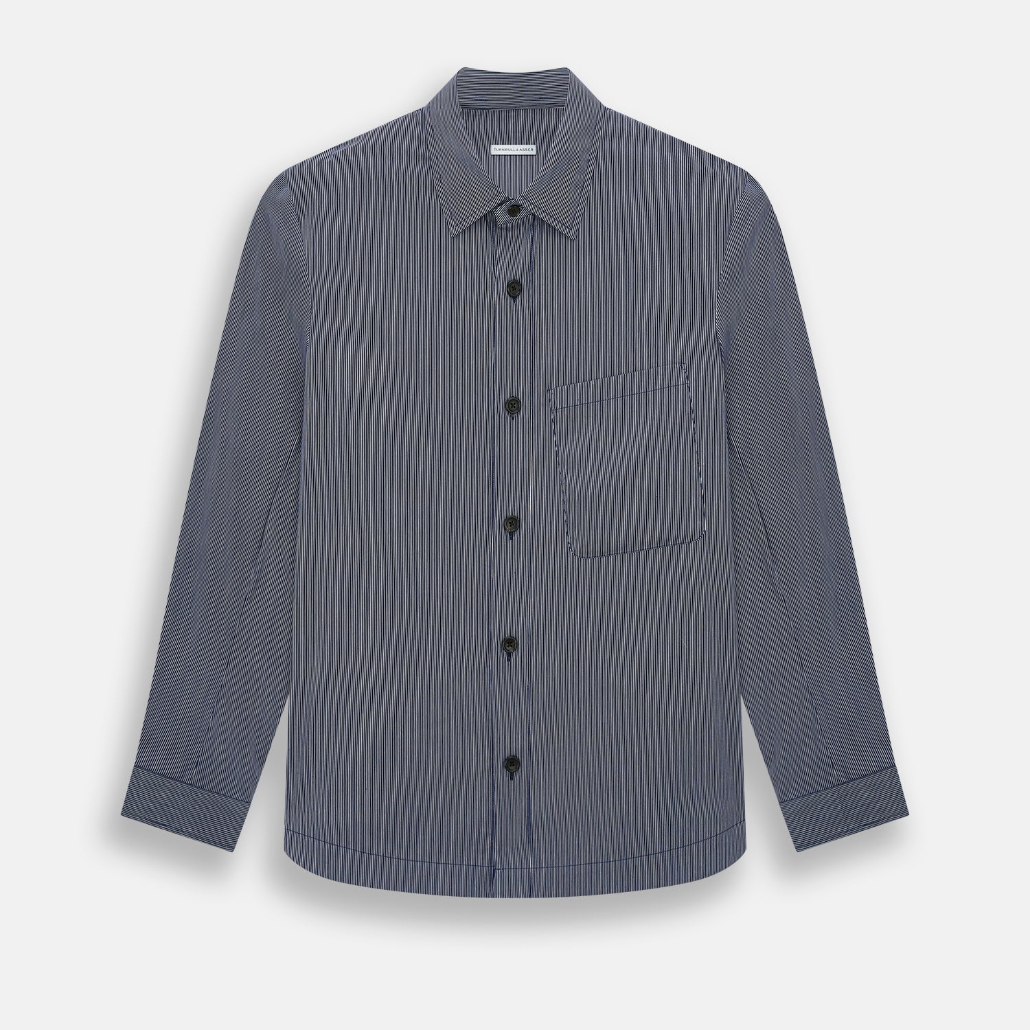 View 1 of product Turnbull & Asser’s Navy Stripe Highbury Overshirt with long sleeves, button-up front, black buttons, collar, and a left chest pocket is shown laid flat on a white background.