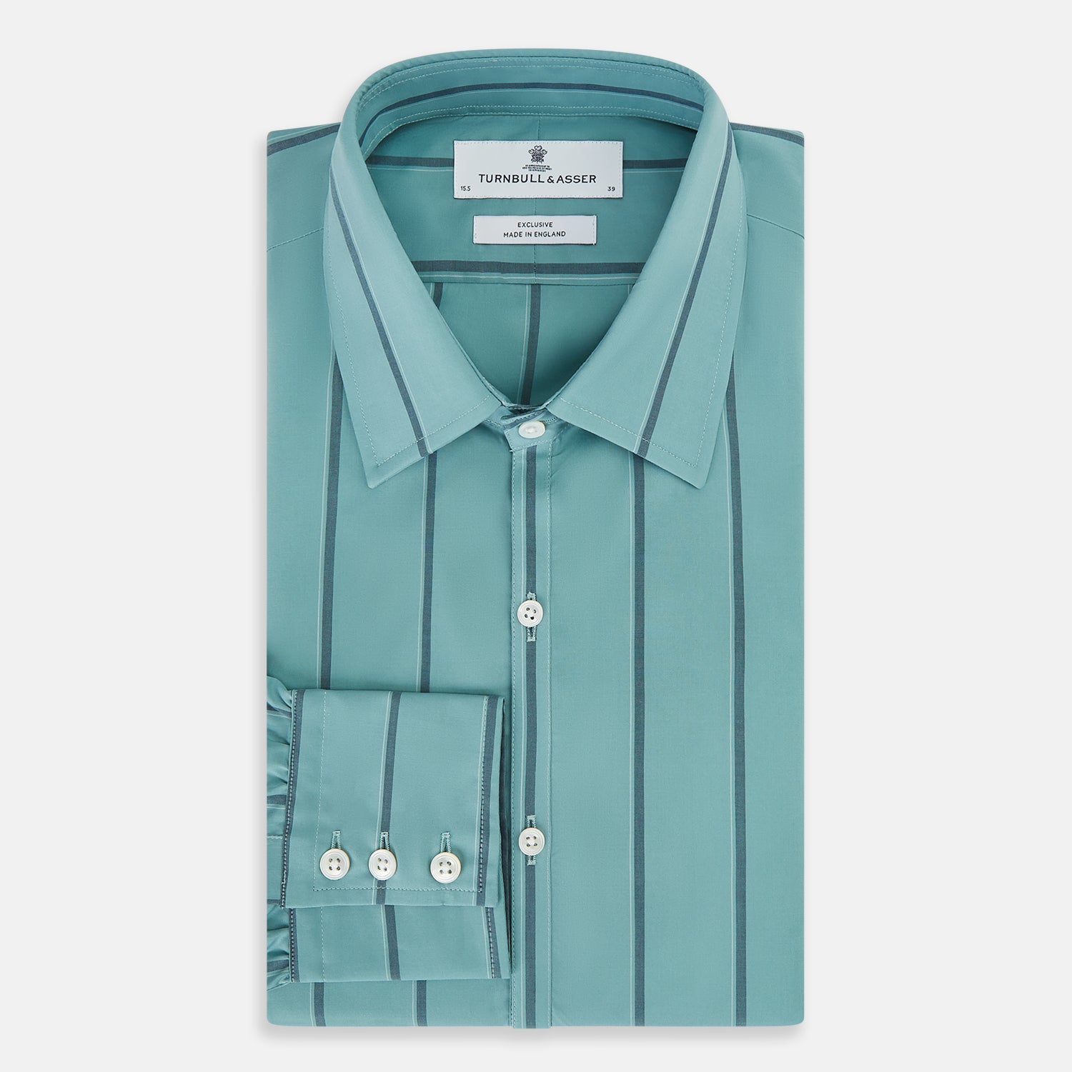 View 5 of product The Turnbull & Asser Sage Track Stripe Westminster Shirt features long sleeves, a tailored fit, a collar, and vertical dark blue stripes, with button closures down the front and at the cuffs, shown laid flat on a white background.