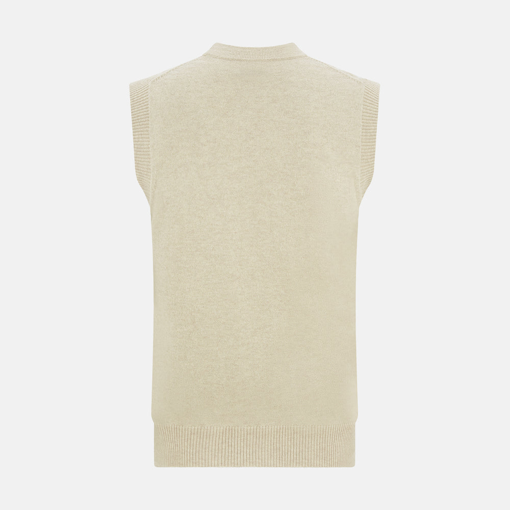 Turnbull & Asser’s Ivory Cashmere Sleeveless Cardigan features a button-down front, two small pockets, and ribbed trim at the hem, armholes, and collar—ideal for elegant looks. Shown on a white background.