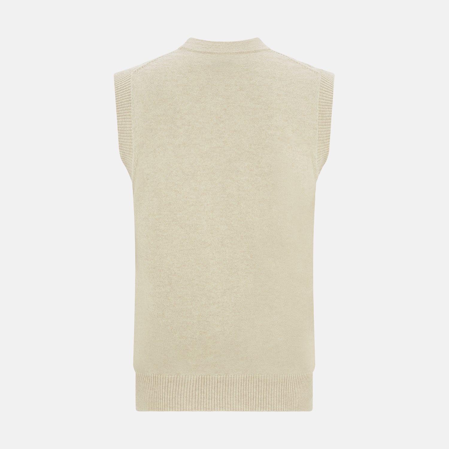 View 3 of product Turnbull & Asser’s Ivory Cashmere Sleeveless Cardigan features a button-down front, two small pockets, and ribbed trim at the hem, armholes, and collar—ideal for elegant looks. Shown on a white background.