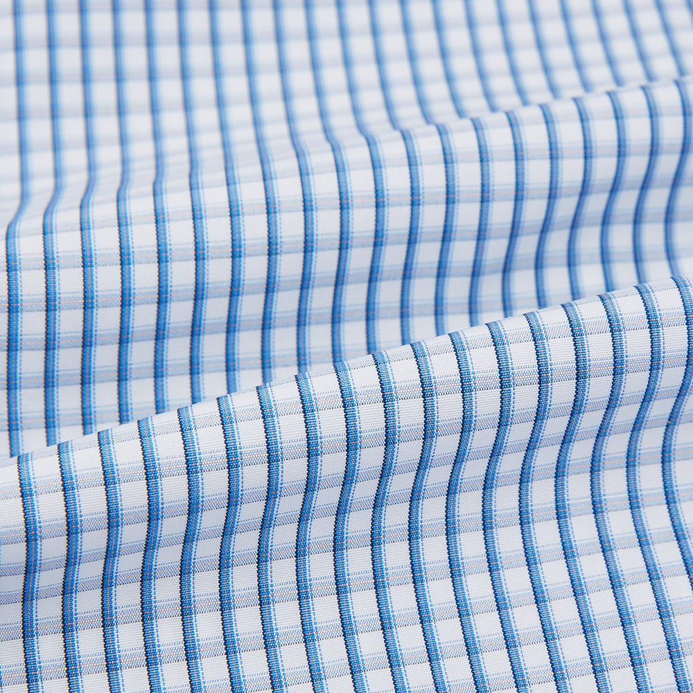 The Turnbull & Asser Sky Blue Micro Shadow Check Shirt features a Mayfair fit, contrast white collar and double cuffs—ideal for formal wear—shown against a plain white background.