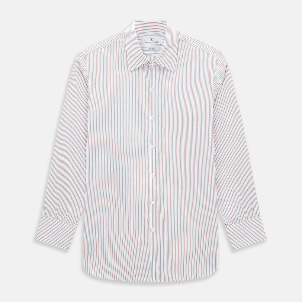 The Turnbull & Asser Red and Blue Double Stripe Westminster Shirt is a long-sleeved, button-up dress shirt with a formal collar, featuring narrow red and blue stripes on white, shown against a plain white background.