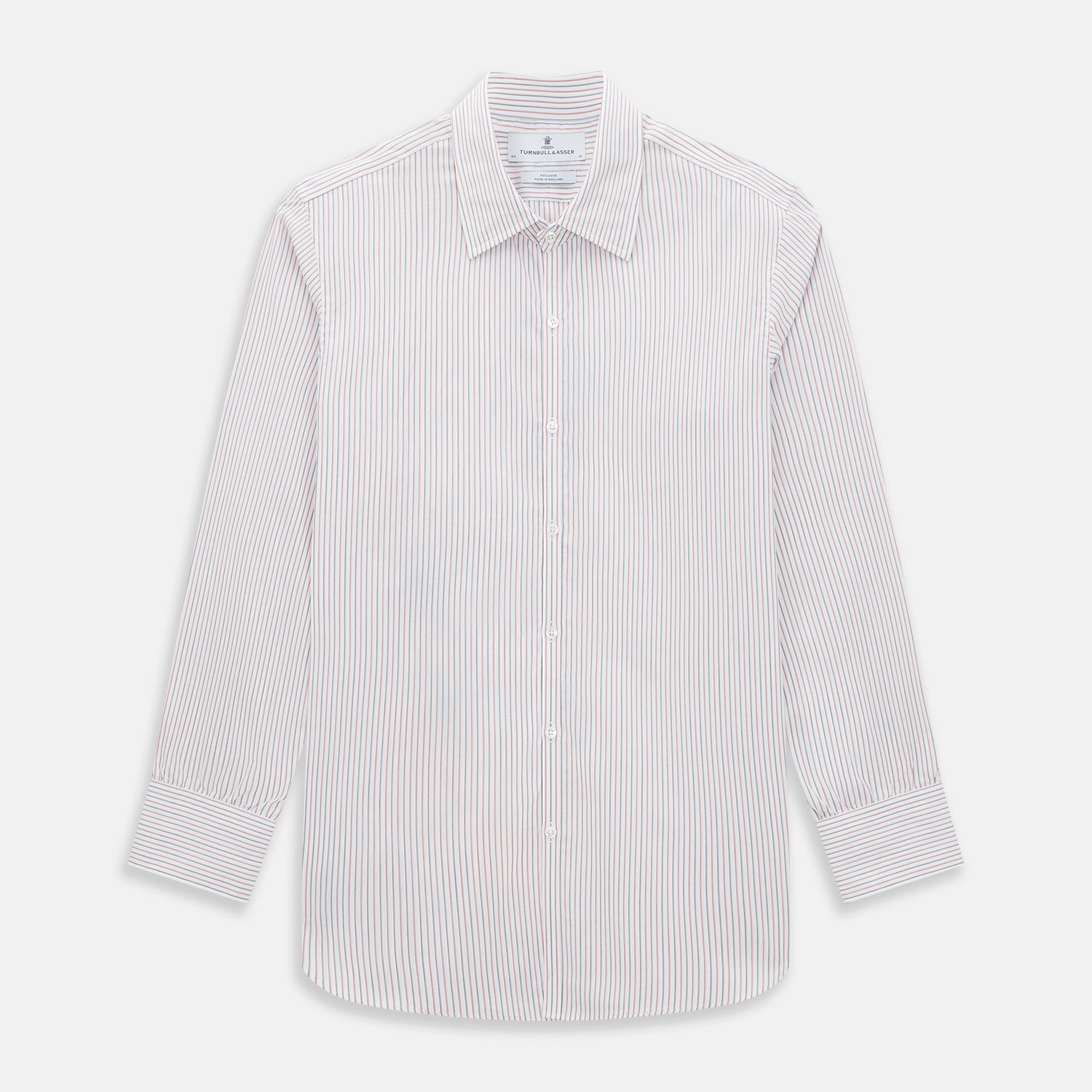 View 1 of product The Turnbull & Asser Red and Blue Double Stripe Westminster Shirt is a long-sleeved, button-up dress shirt with a formal collar, featuring narrow red and blue stripes on white, shown against a plain white background.