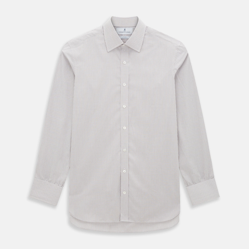 The Turnbull & Asser Burgundy Micro Tattersall Check Mayfair Shirt, crafted from Italian cotton with long sleeves, a button-down front, collar, and buttoned cuffs, is shown on a white background.