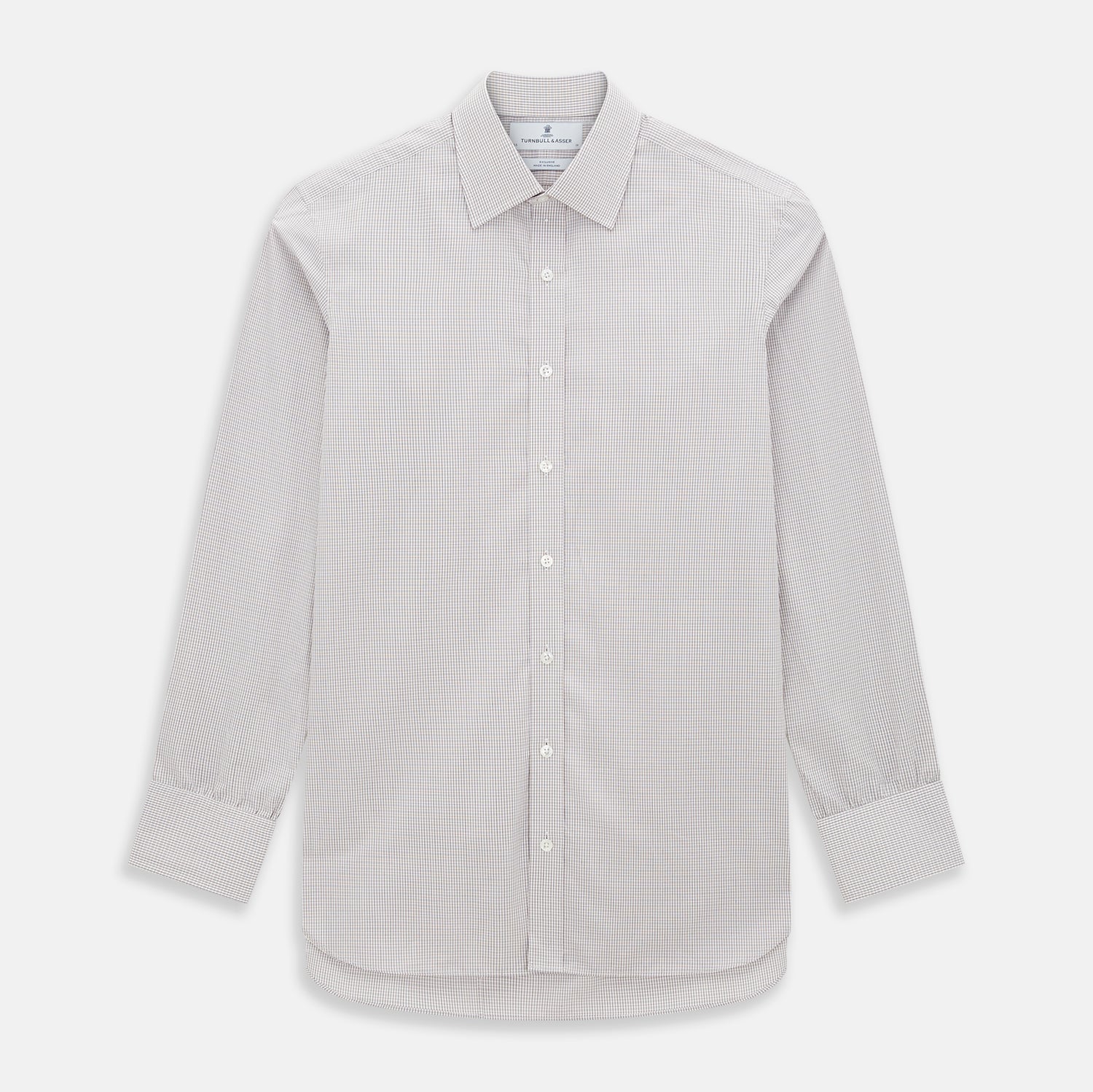 View 1 of product The Turnbull & Asser Burgundy Micro Tattersall Check Mayfair Shirt, crafted from Italian cotton with long sleeves, a button-down front, collar, and buttoned cuffs, is shown on a white background.