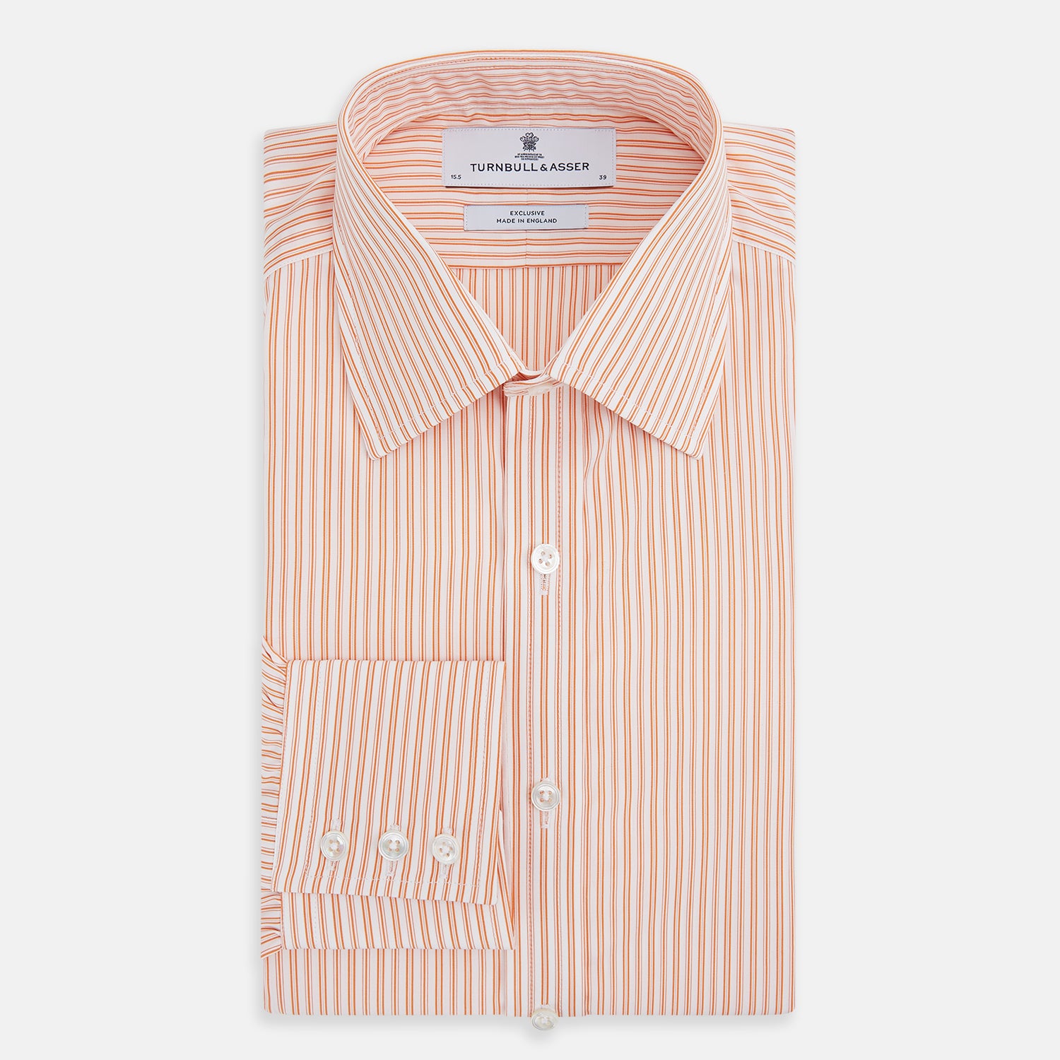 View 5 of product The Turnbull & Asser Orange Ticking Stripe Mayfair Shirt features thin vertical stripes, a classic T&A collar, and buttoned cuffs, shown on a plain white background.