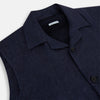 View 2 of product Turnbull & Asser Navy Collared Linen Waistcoat features a tailored fit, sleeveless design, button-up front, left chest pocket, and two zippered side pockets, shown against a plain white background.