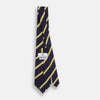 View 2 of product The Turnbull & Asser White and Navy Blazer Silk Tie, featuring diagonal yellow and white stripes, is rolled up neatly on a light gray background.