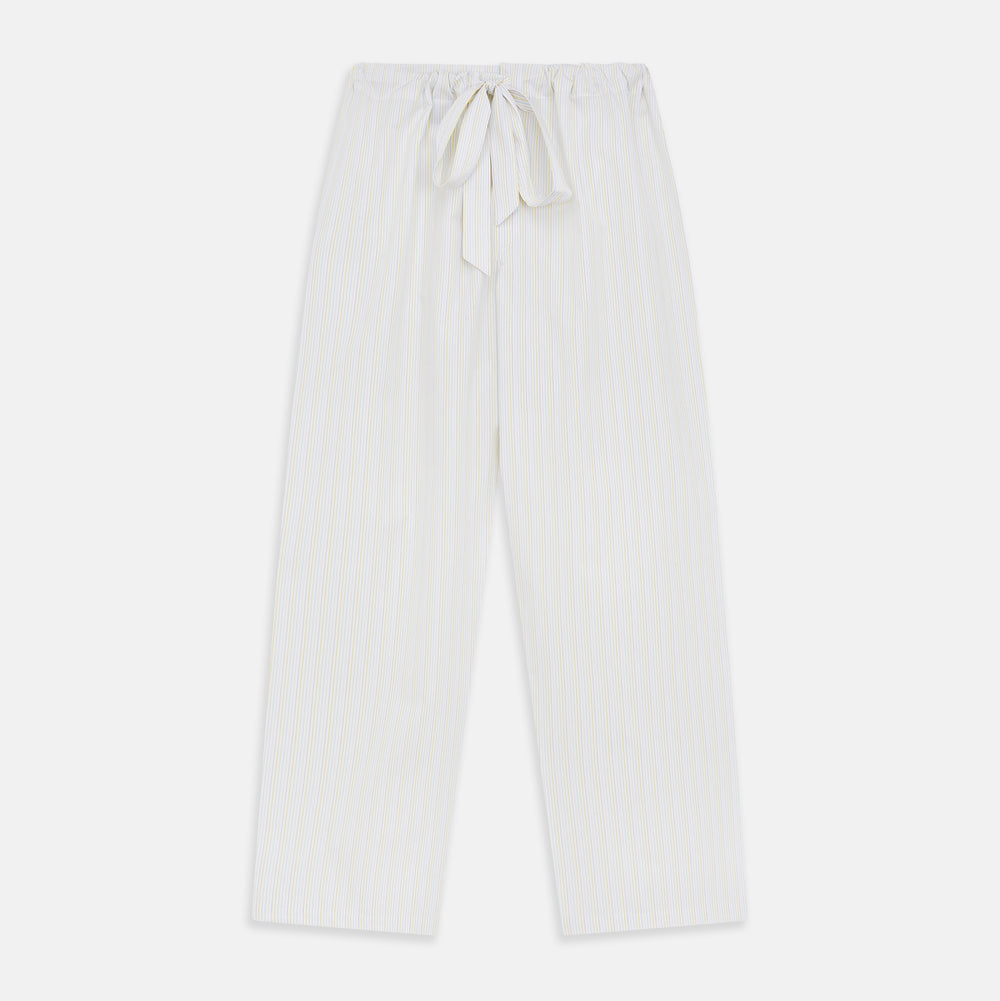The Yellow Multi Stripe Cotton Quin Pyjama Set by Turnbull & Asser features a striped button-up top with chest pocket and drawstring pants—luxury sleepwear crafted from soft cotton, displayed on a white background.