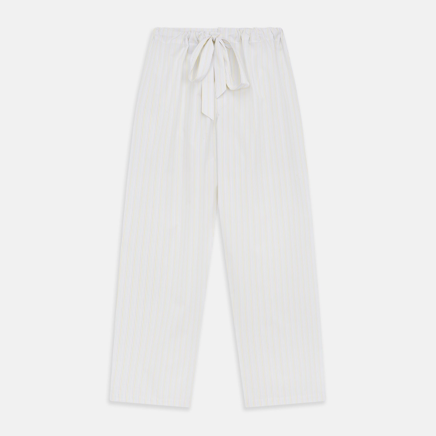 View 5 of product The Yellow Multi Stripe Cotton Quin Pyjama Set by Turnbull & Asser features a striped button-up top with chest pocket and drawstring pants—luxury sleepwear crafted from soft cotton, displayed on a white background.