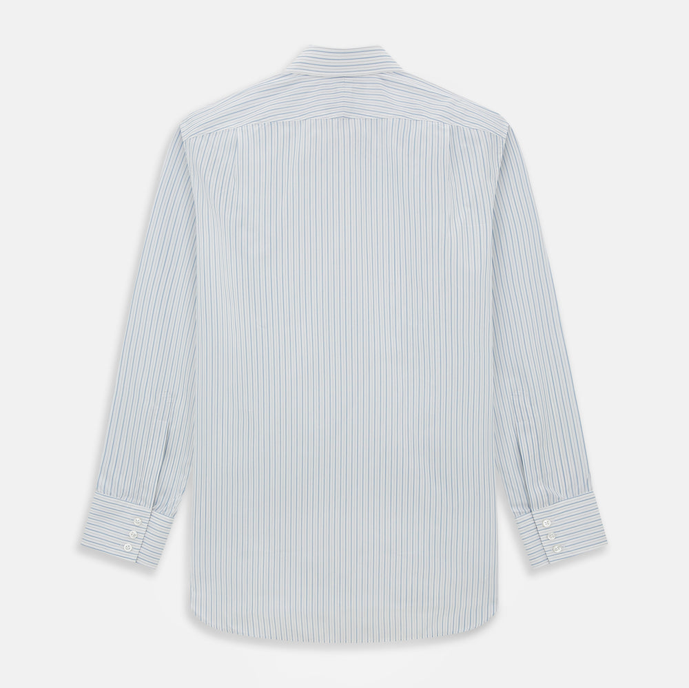 The Turnbull & Asser Sky Blue Combination Stripe Mayfair Shirt features long sleeves, a T&A collar, buttoned cuffs, and thin vertical stripes in blue, shown on a plain white background.