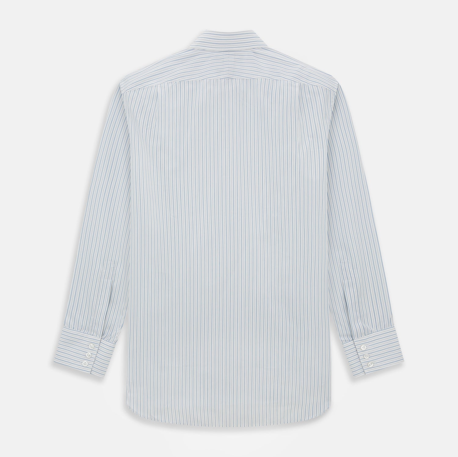 View 3 of product The Turnbull & Asser Sky Blue Combination Stripe Mayfair Shirt features long sleeves, a T&A collar, buttoned cuffs, and thin vertical stripes in blue, shown on a plain white background.