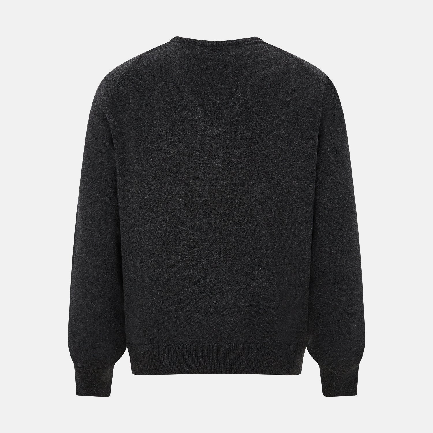 View 3 of product The Turnbull & Asser Charcoal Grey Melange V-Neck Cashmere Jumper is shown on a white background, featuring long sleeves, ribbed cuffs and hem for classic style and comfort.