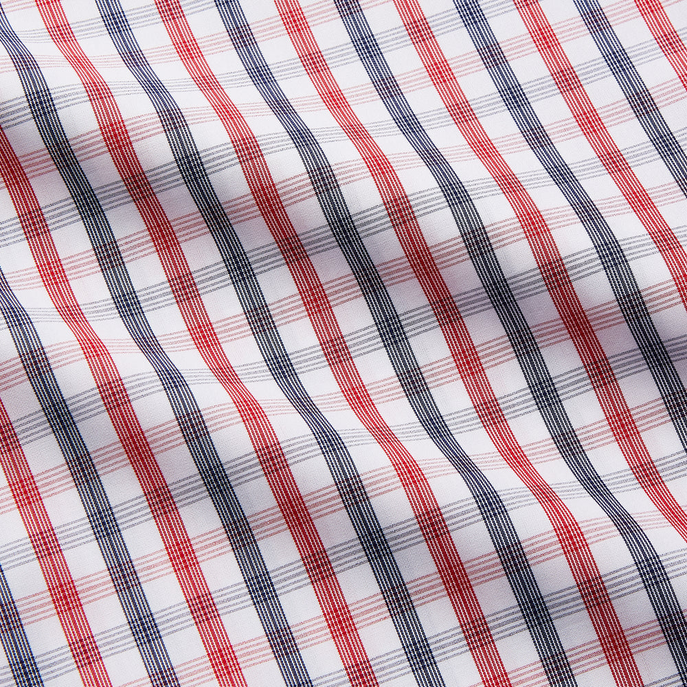 The Turnbull & Asser Navy and Red Check Cotton Regular Fit Mayfair Shirt features a classic T&A collar and long sleeves, shown laid flat on a white background.