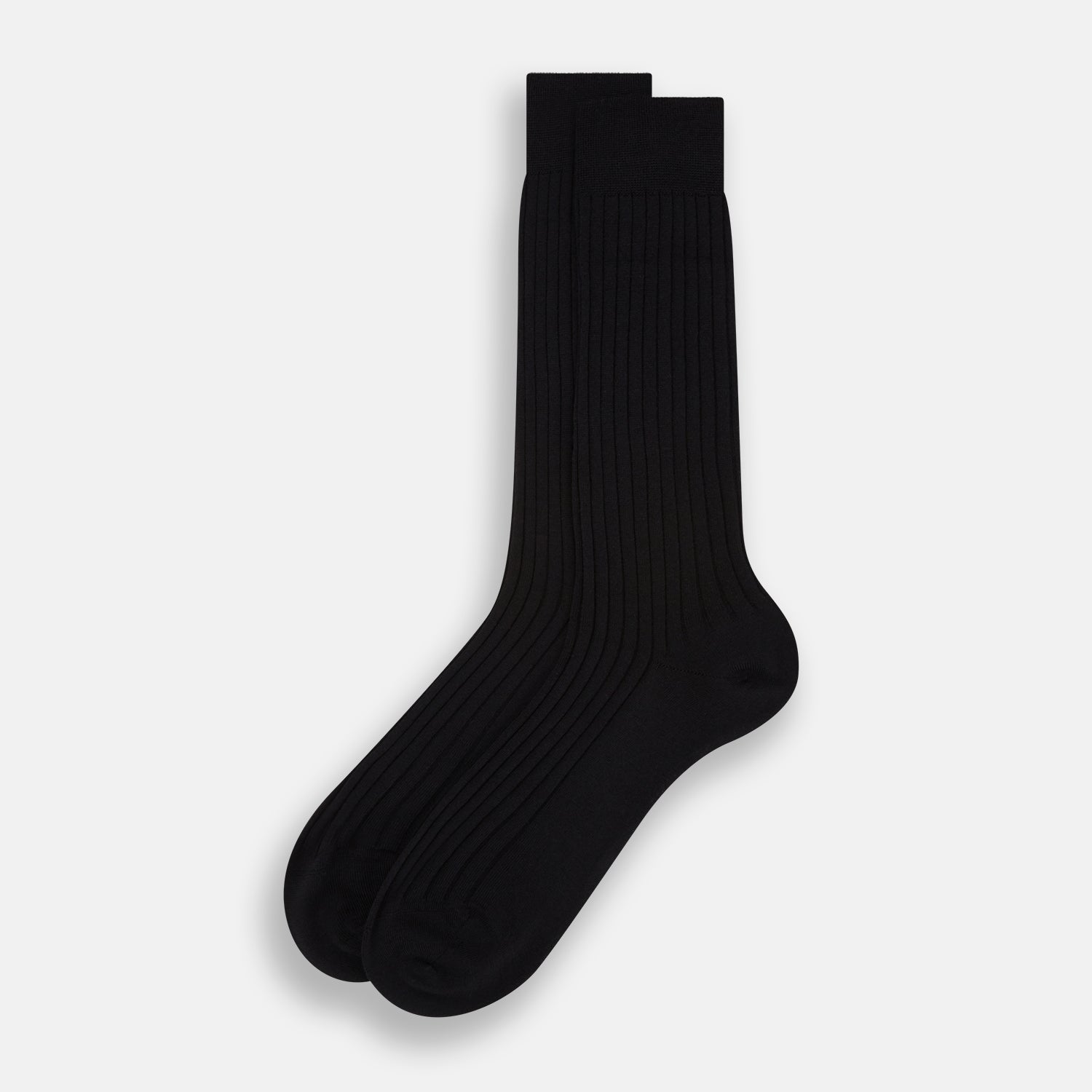 View 2 of product A single Turnbull & Asser Black Wool Mid-Length Sock is displayed on a plain white background, angled to reveal its full length from toe to cuff.