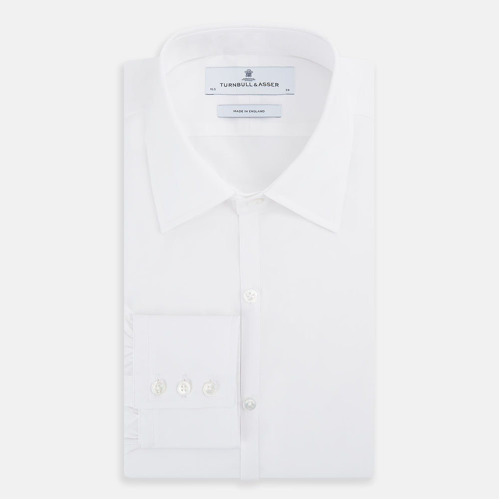The Turnbull & Asser White Westminster Shirt is a long-sleeve, button-up dress shirt with a classic cut and Westminster collar, shown on a white background.