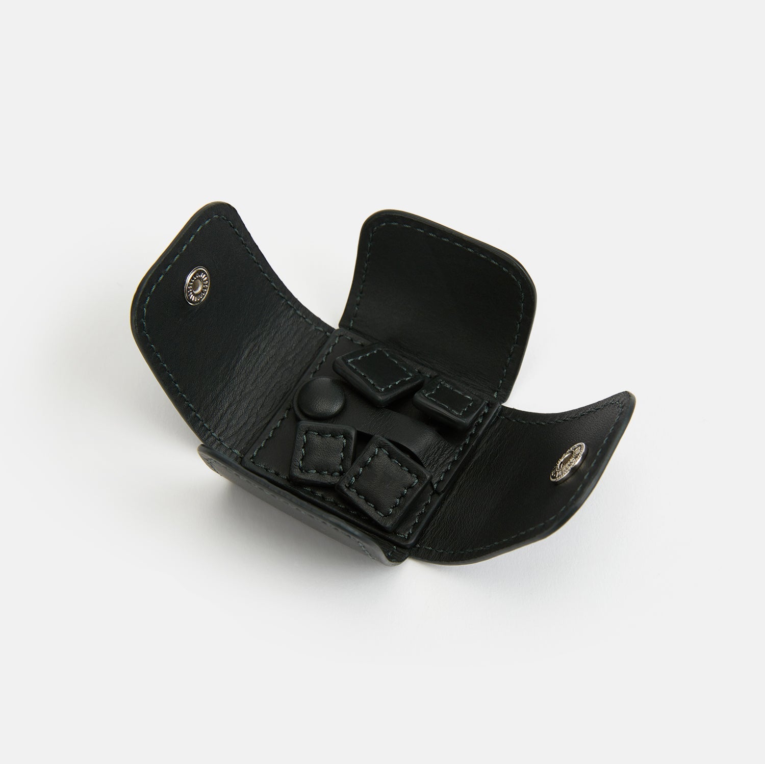 View 2 of product Turnbull & Asser Forest Green Leather Cufflinks feature square ends, visible stitching, and braided leather connectors, displayed on a white background—a refined choice in men's accessories.