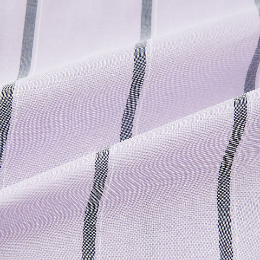 The Turnbull & Asser Lilac Track Stripe Shirt with Contrast T&A Collar and Cuffs features vertical black stripes, a white pointed collar, and white cuffs, shown flat against a white background.