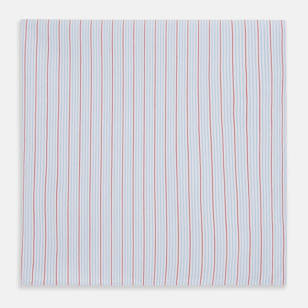 The Turnbull & Asser Hand Rolled Red Multi Pinstripe Handkerchief features fine stripes on cotton, displayed flat against a white background—a timeless gentleman’s accessory or pocket square.