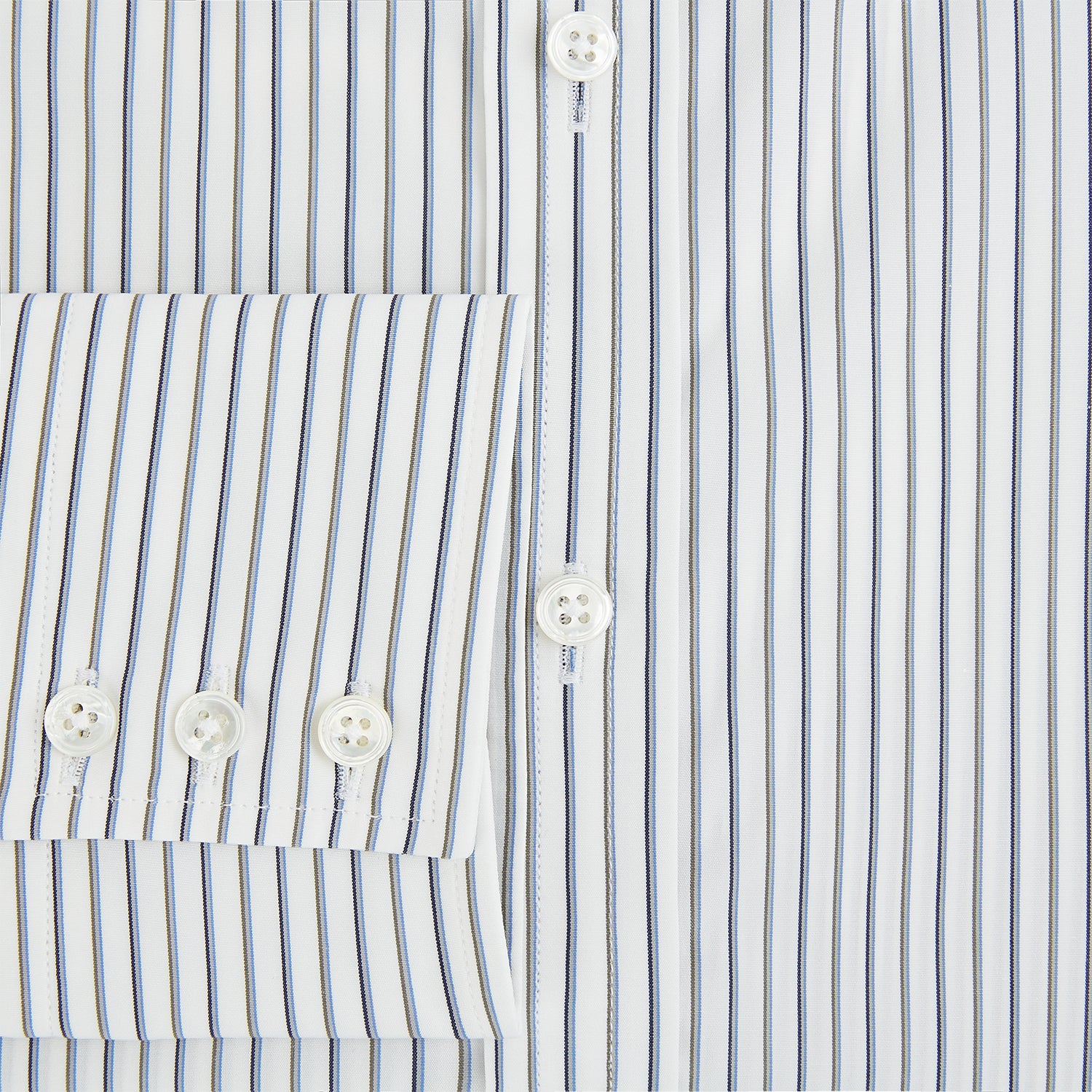 View 4 of product The Turnbull & Asser Brown and Blue Shadow Stripe Mayfair Shirt, featuring long sleeves, a pointed collar, and buttoned cuffs, is crafted from Italian fabric with vertical stripes and shown laid flat on a white background.