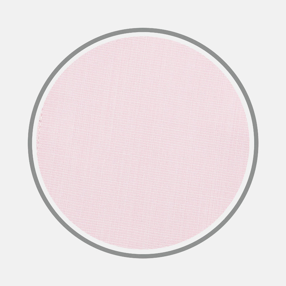 A circular Pink End-on-End Cotton Fabric by Turnbull & Asser, featuring a thin gray border and a textured light pink center, is displayed on a plain white background.