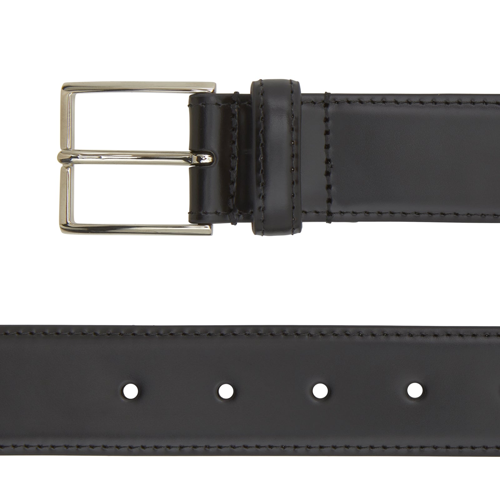 View 2 of product The Turnbull & Asser Black Nubuck Leather Evening Belt features a coiled design, silver rectangular buckle, and tan interior, elegantly displayed against a plain white background.